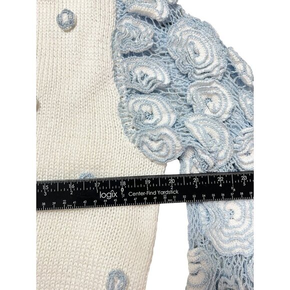 VTG Cardigan Sweater Large Blue White 3D Flowers Cottagecore Lolita Kawaii Indie - Picture 11 of 13
